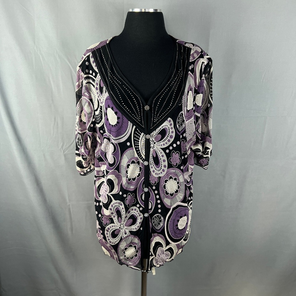 Simply Irresistible Tunic Top Womens 2X Multi Abstract Floral Stretch Rhinestone